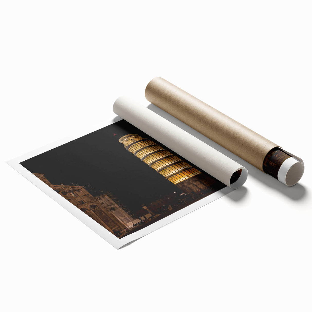 Extra large rolled print of Pisa, Italy, with muted floral elements, ideal for classy bathroom wall art.