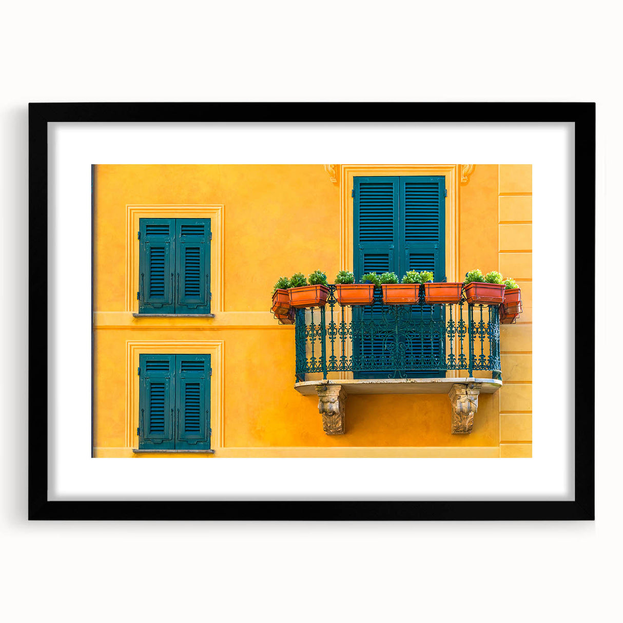 Extra large abstract art print of Portofino, Italy with vibrant, textured colors on a black framed canvas.