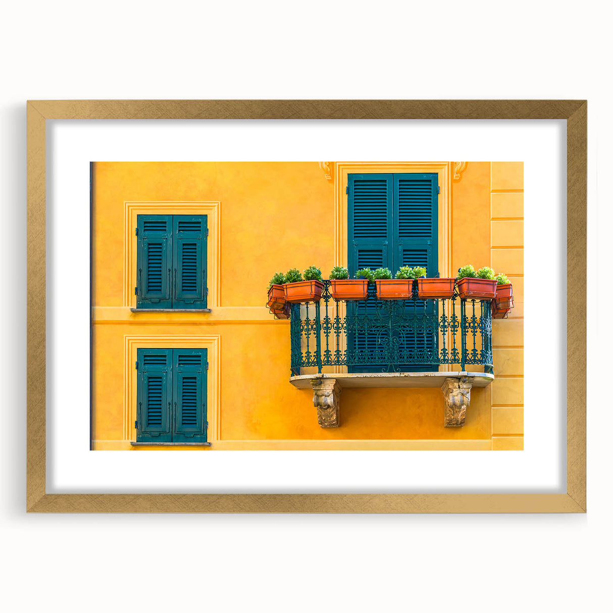 Abstract art print of Portofino, Italy, featuring vibrant coastal hues on a framed gold canvas, ideal for dining room decor.