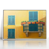 Mid-century modernist art of Portofino, Italy, in acrylic print with vibrant blues and greens, ideal for nursery wall art.