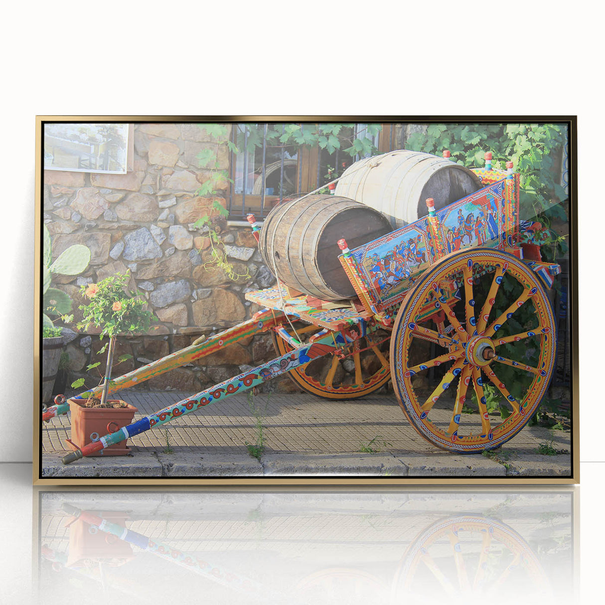 Framed acrylic print of a Sicilian landscape, featuring art deco style with gold and earth tones.