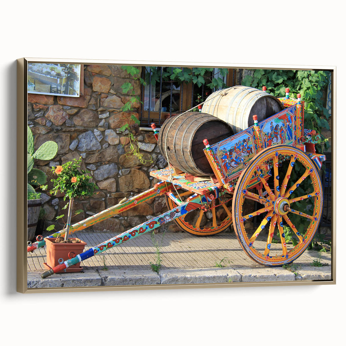 Framed canvas of a vintage Sicilian landscape in muted gold and black, ideal for bedroom wall art.