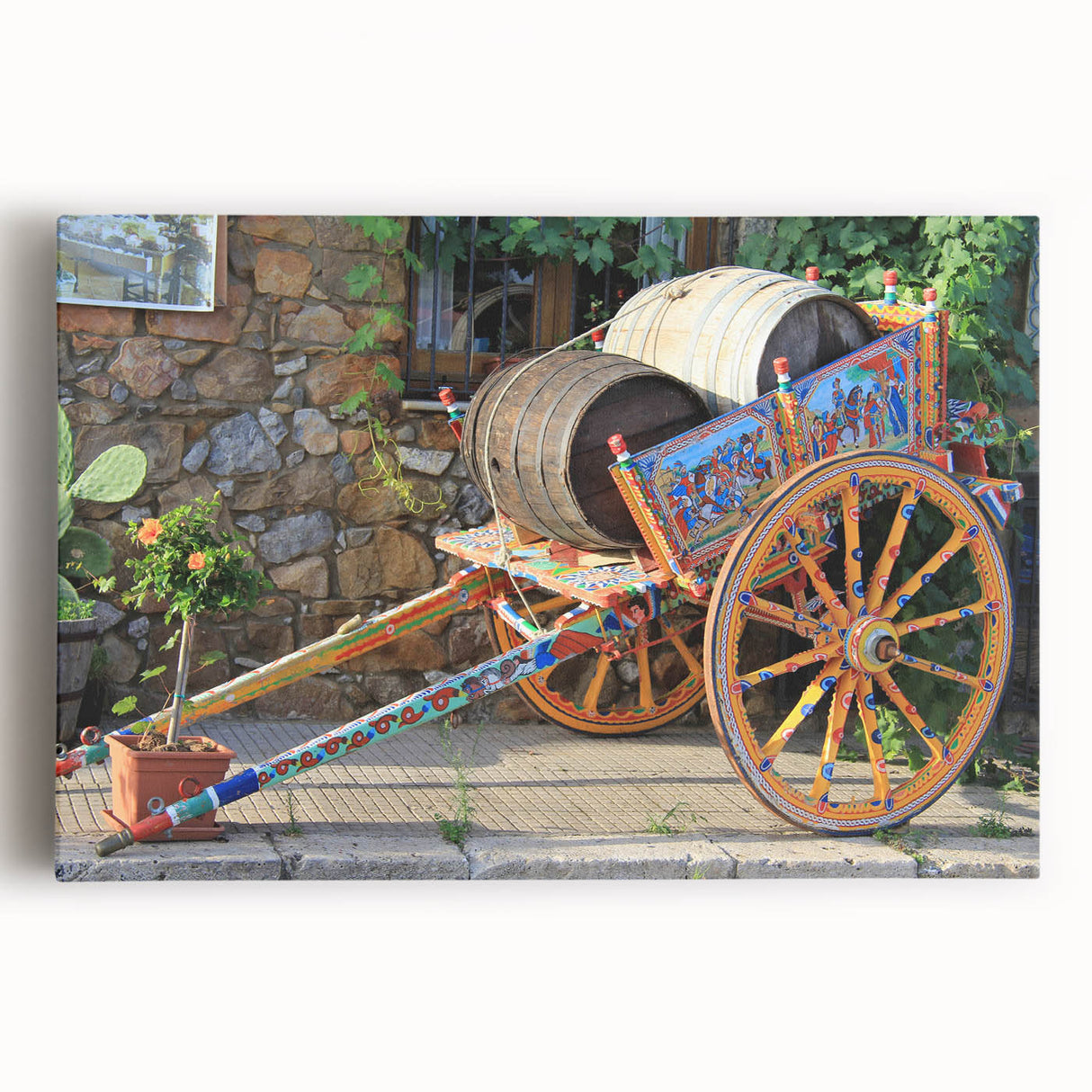 Black and white stretched canvas of Sicilian landscape, ideal for kitchen wall art.