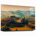 Acrylic print of a Tuscan landscape with lush green fields under a clear sky, ideal for dining room decor.