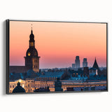 Black and white vintage poster art of a Latvian landscape on framed canvas, ideal for bedroom decor.
