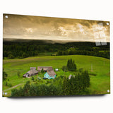 Acrylic print of a Lithuanian landscape with muted green and blue tones, suitable for bedroom or dining room decor.