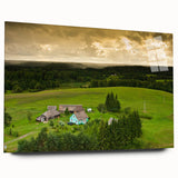 Large abstract wall art of a European scenery in muted earth tones on acrylic glass.