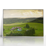 Mid-century modernist art depicting a Lithuanian landscape in muted earth tones, framed acrylic, ideal for nursery wall art.