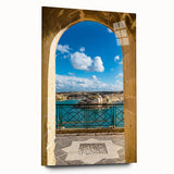 Large abstract wall art of a Malta scenery in vibrant blue and tan tones on acrylic glass.