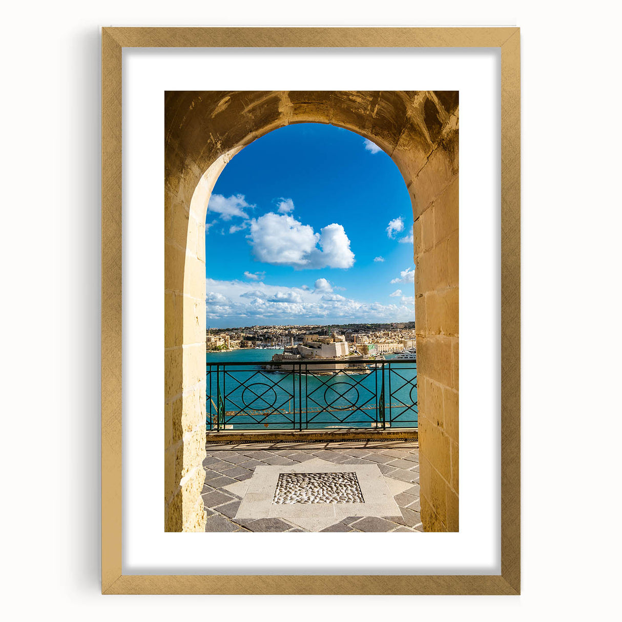 Abstract art print of a European Malta scenery in muted earth tones, framed in gold, ideal for dining room decor.