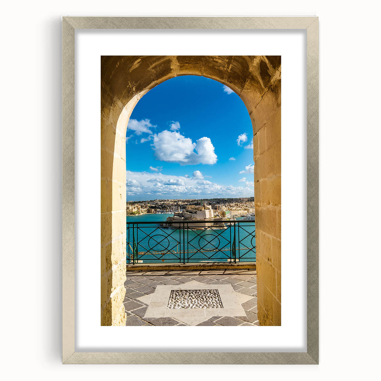 Extra large abstract art print of a European Malta scenery in muted earth tones on a framed canvas.