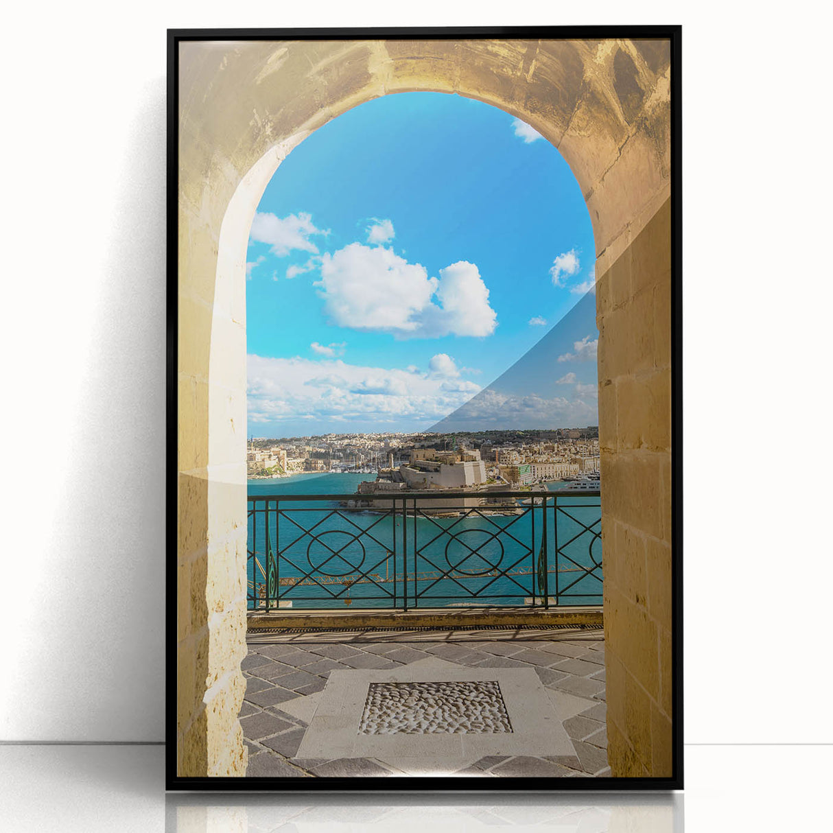 Large abstract wall art depicting a European Malta scenery in mid-century modernist style, framed in black acrylic.