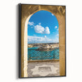 Black and white vintage poster art of a European Malta landscape on framed canvas, suitable for bedroom decor.