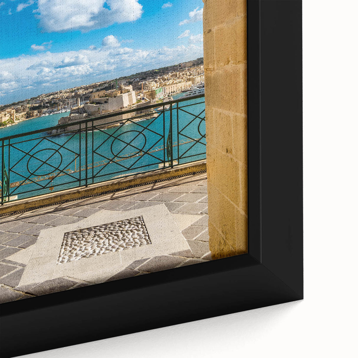 Extra large framed canvas of a textured Malta seascape in black with colorful accents, suited for living room decor.