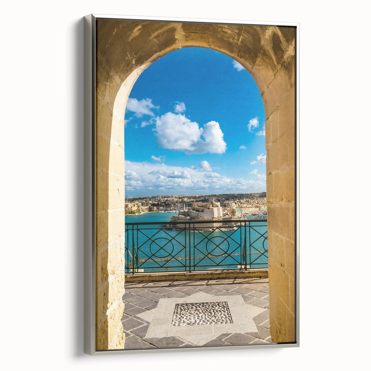 Landscape art painting of Malta on a framed canvas, featuring colorful vintage poster art with black edges.