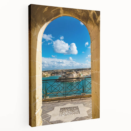 Large art depicting a serene Malta coastline in soft blue and white tones on stretched canvas, suitable for kitchen wall art.