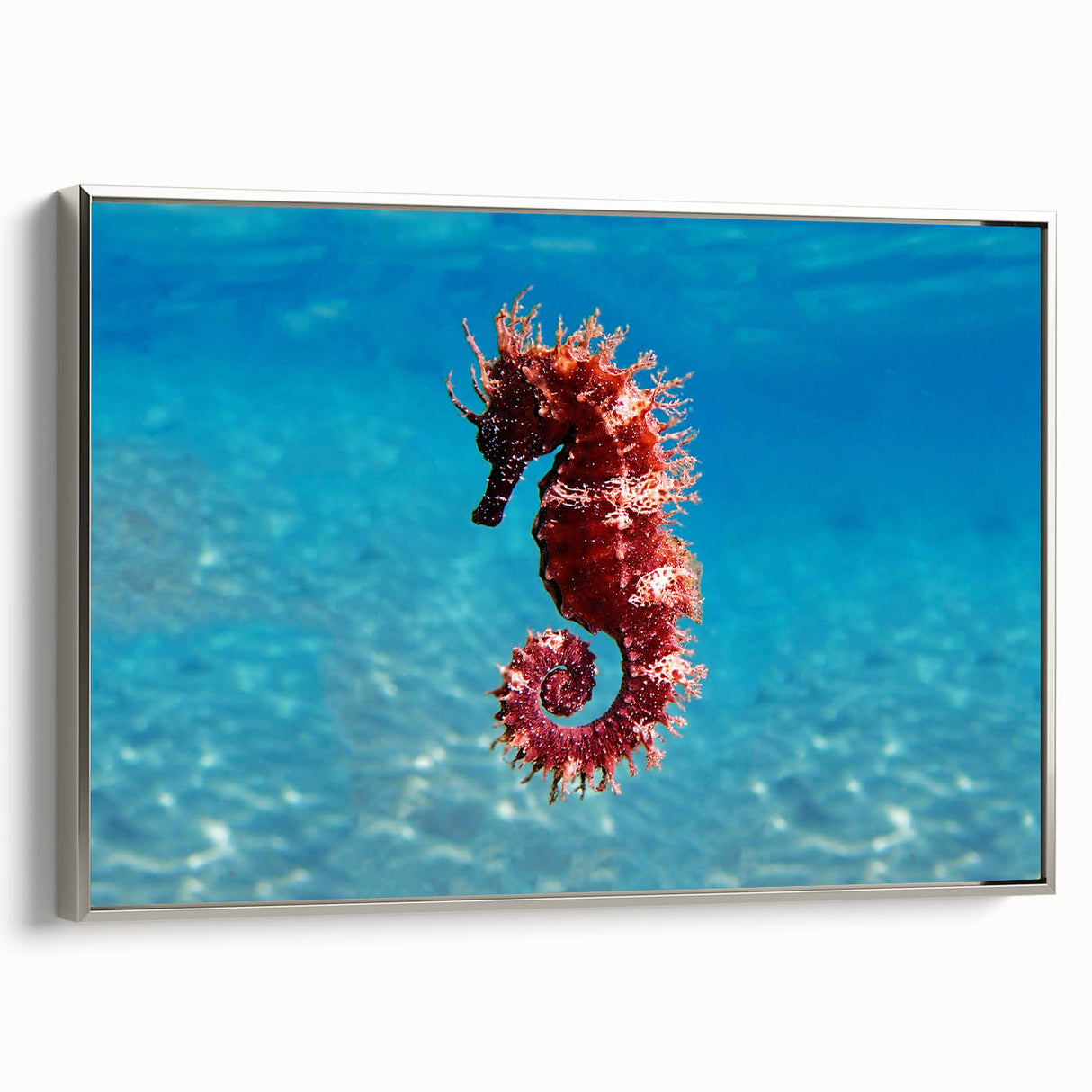 Framed canvas landscape art painting of the Mediterranean Sea in vibrant blue and white tones, ideal for living room decor.