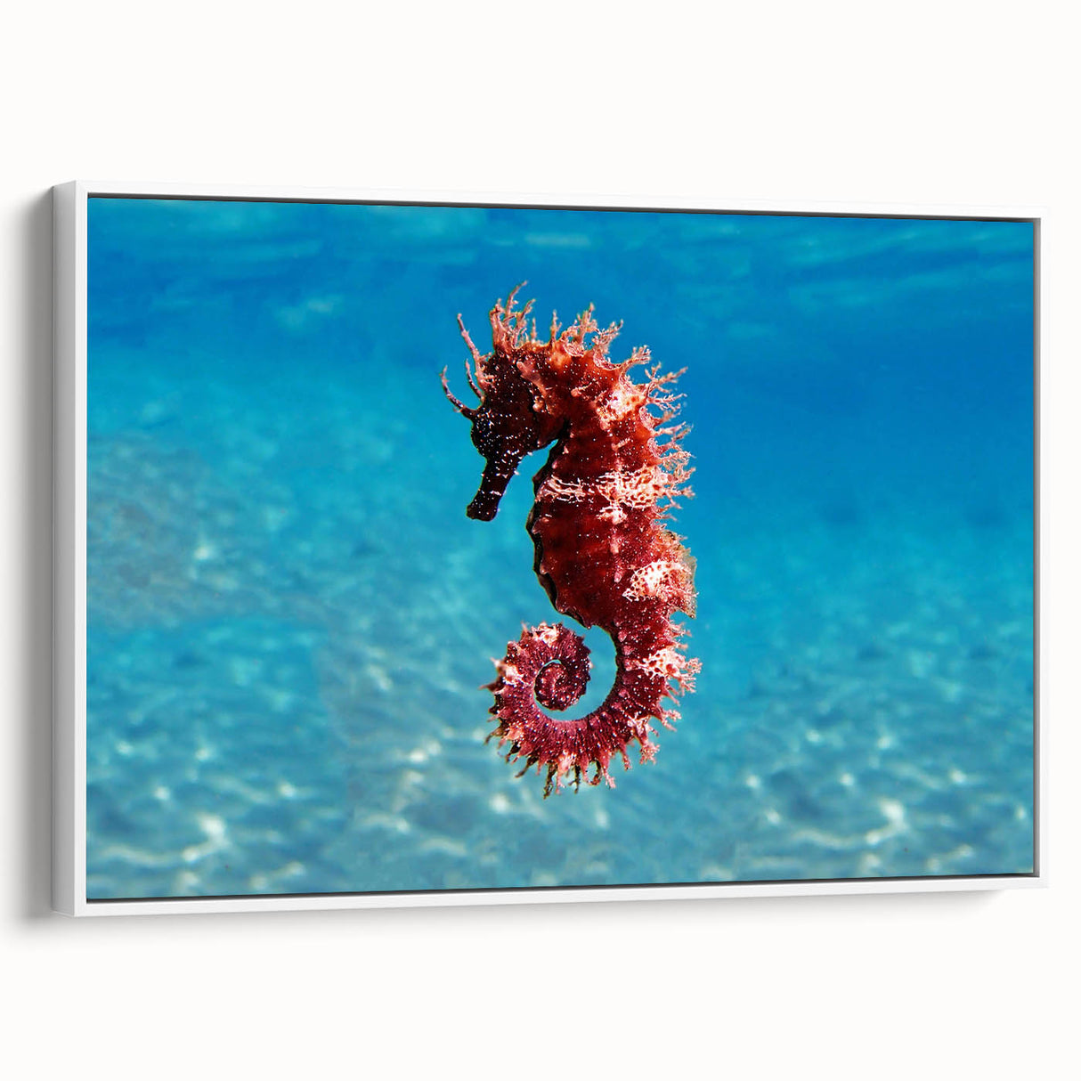 Vintage poster art of the Mediterranean Sea on a large framed canvas with vibrant blue tones, ideal for living room decor.
