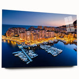 Large abstract depiction of Monaco scenery in muted blue and gray tones on acrylic glass.