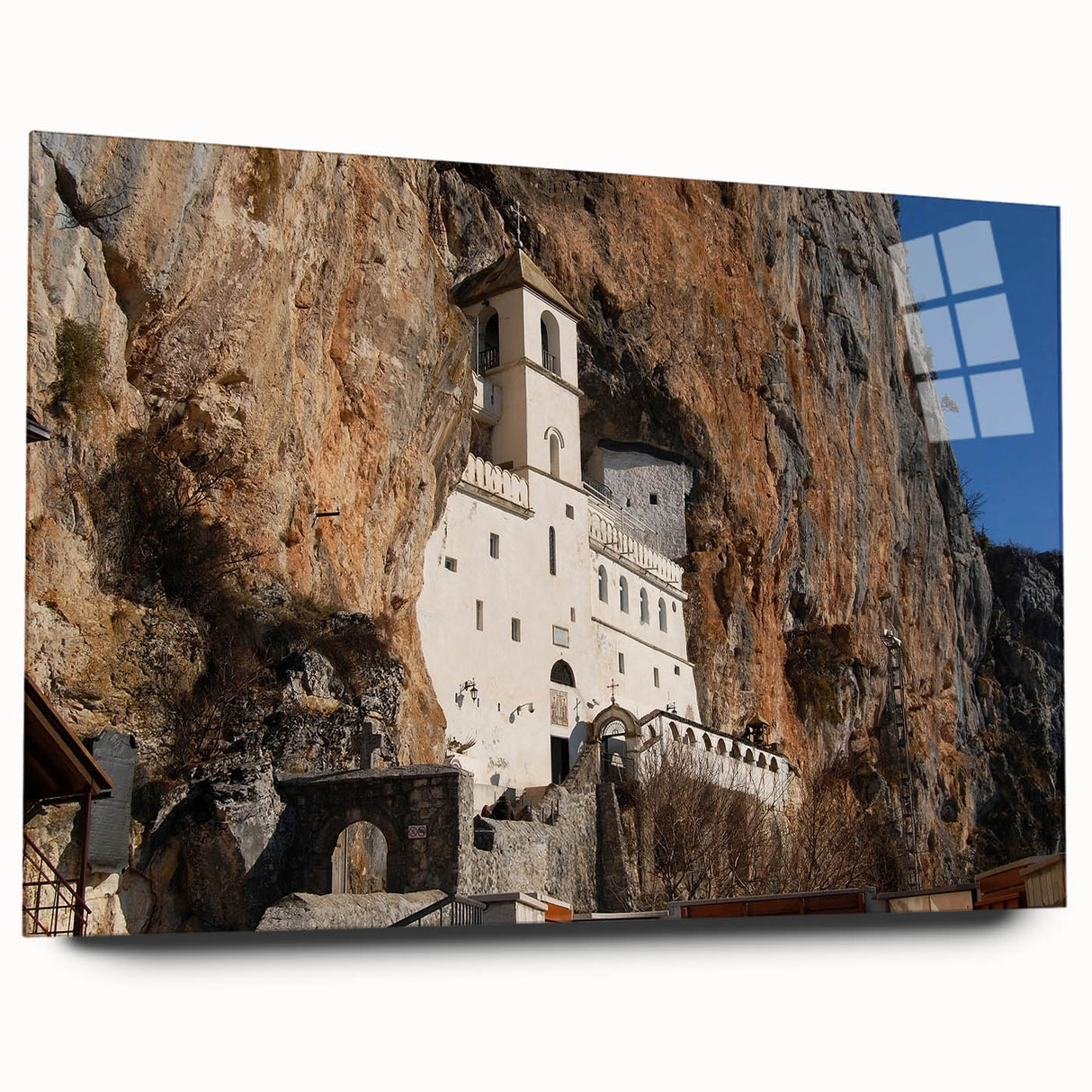 Large abstract wall art depicting a European Montenegro scenery in muted earth tones, printed on acrylic glass.