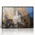 Large abstract wall art depicting a Montenegro landscape in muted earth tones on a framed acrylic.