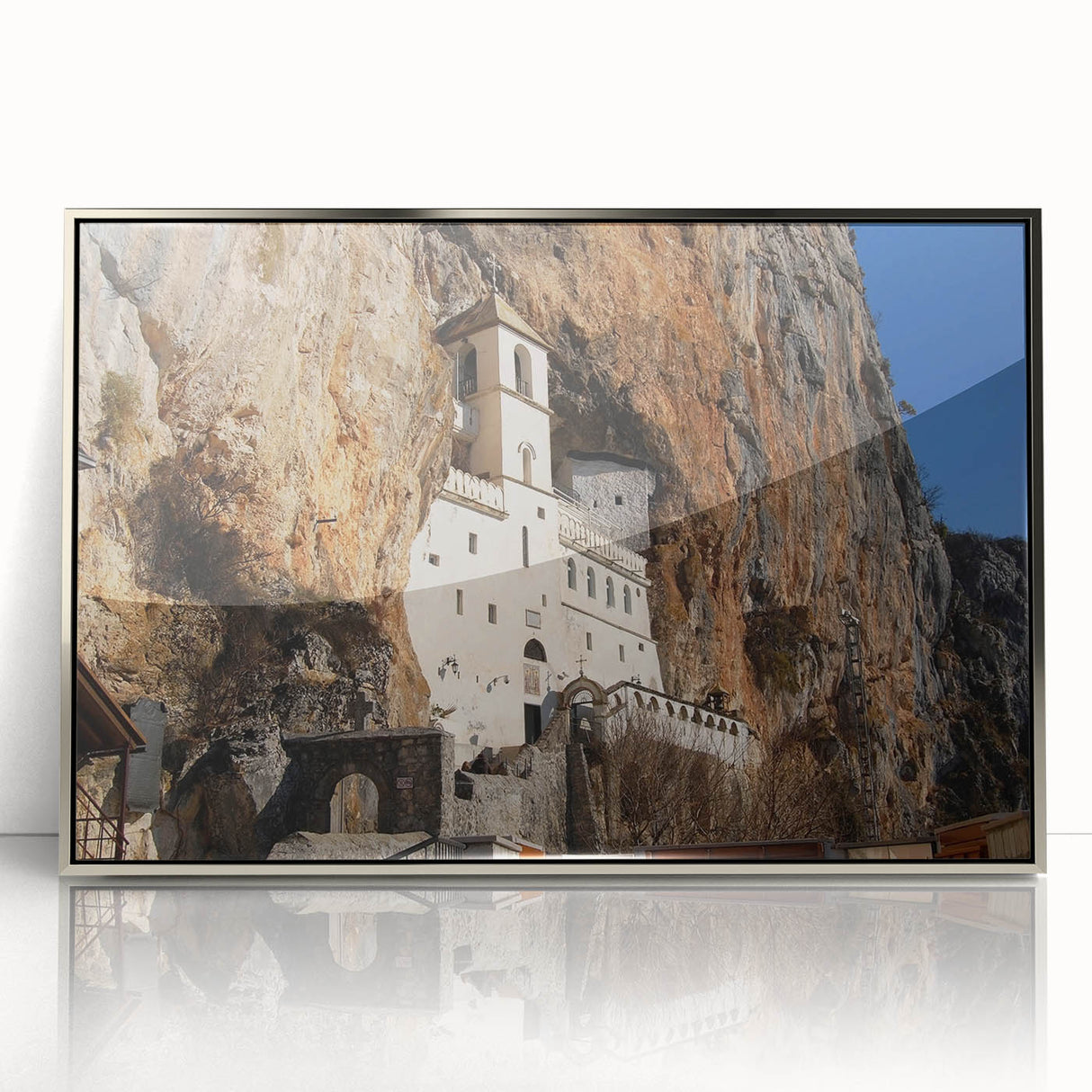 Large art print of a serene Montenegro landscape in muted earth tones on a framed acrylic, ideal for modern art wall decor.