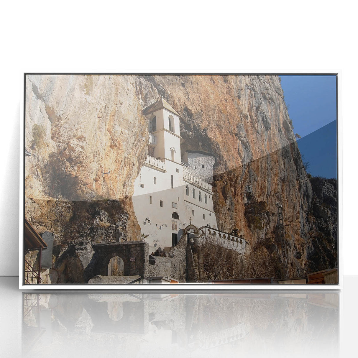 Mid-century modernist art depicting a European Montenegro landscape in muted earth tones on framed acrylic.