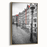 Framed canvas of Amsterdam landscape in muted gold tones, ideal for bedroom wall art.