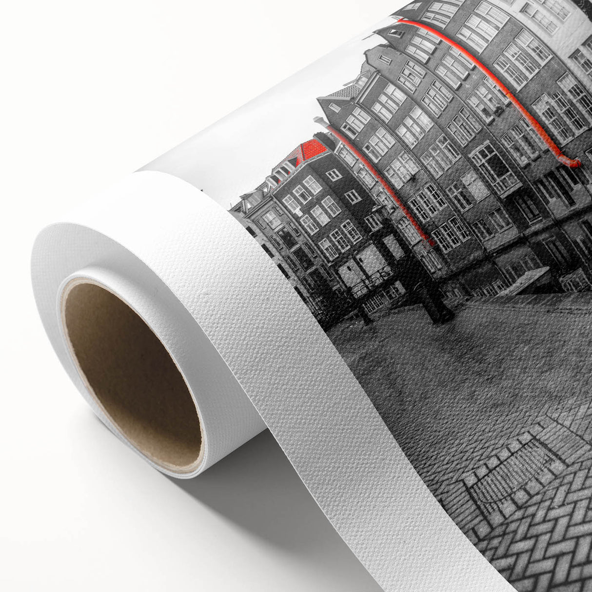 Art deco poster of Amsterdam scenery on rolled canvas, featuring muted earth tones, ideal for nursery wall art.