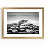 Abstract art print of a Northern Ireland scenery in muted green and blue tones, framed in gold, ideal for dining room decor.