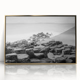 Art deco poster of Northern Ireland scenery in muted green and gold, acrylic framed, suitable for modern nursery decor.