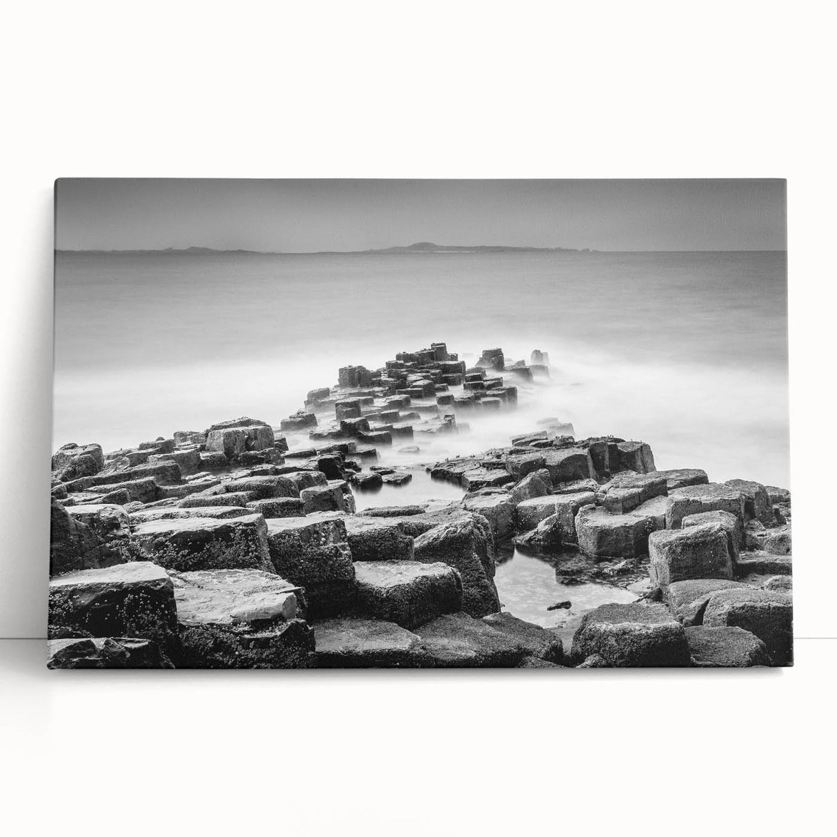 Black and white photograph of Northern Ireland scenery on large stretched canvas, ideal for kitchen wall art.