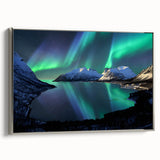Landscape art painting of a European Norwegian scene on a framed canvas, featuring a palette of black and vibrant colors.