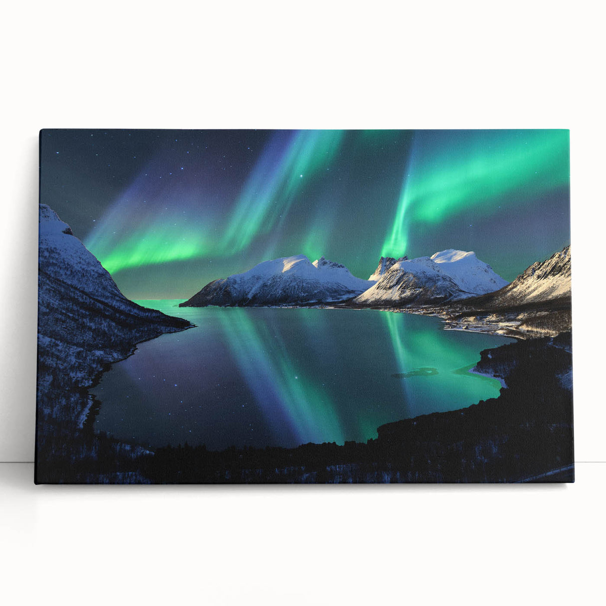 Black and white photograph of a scenic Norwegian landscape on large stretched canvas, suitable for kitchen wall art.