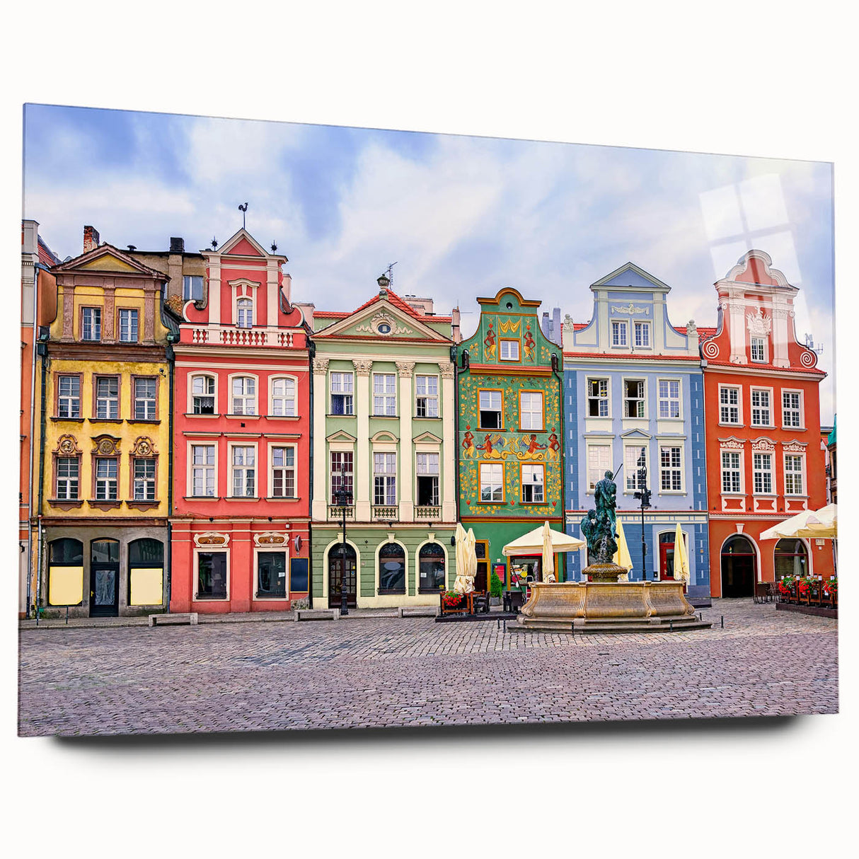 Large abstract wall art of a European scenery in muted earth tones on acrylic glass.