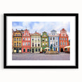 Extra large abstract art print of a colorful, textured European scenery on a black framed mat, ideal for living room decor.