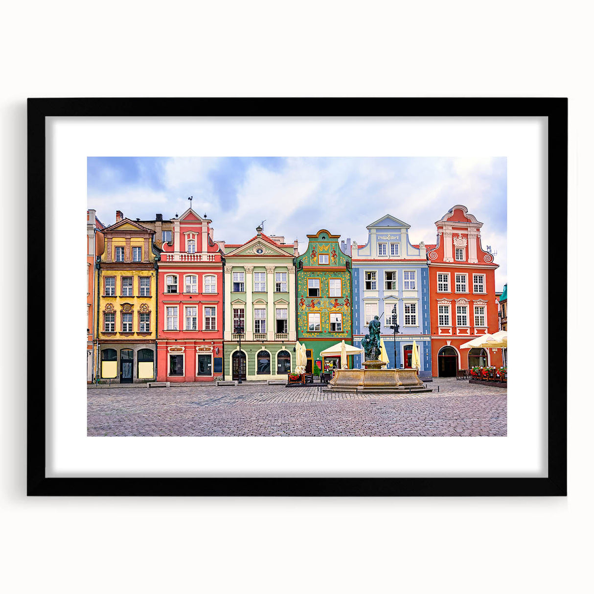 Extra large abstract art print of a colorful, textured European scenery on a black framed mat, ideal for living room decor.
