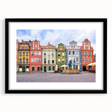 Extra large abstract art print of a colorful, textured European scenery on a black framed mat, ideal for living room decor.