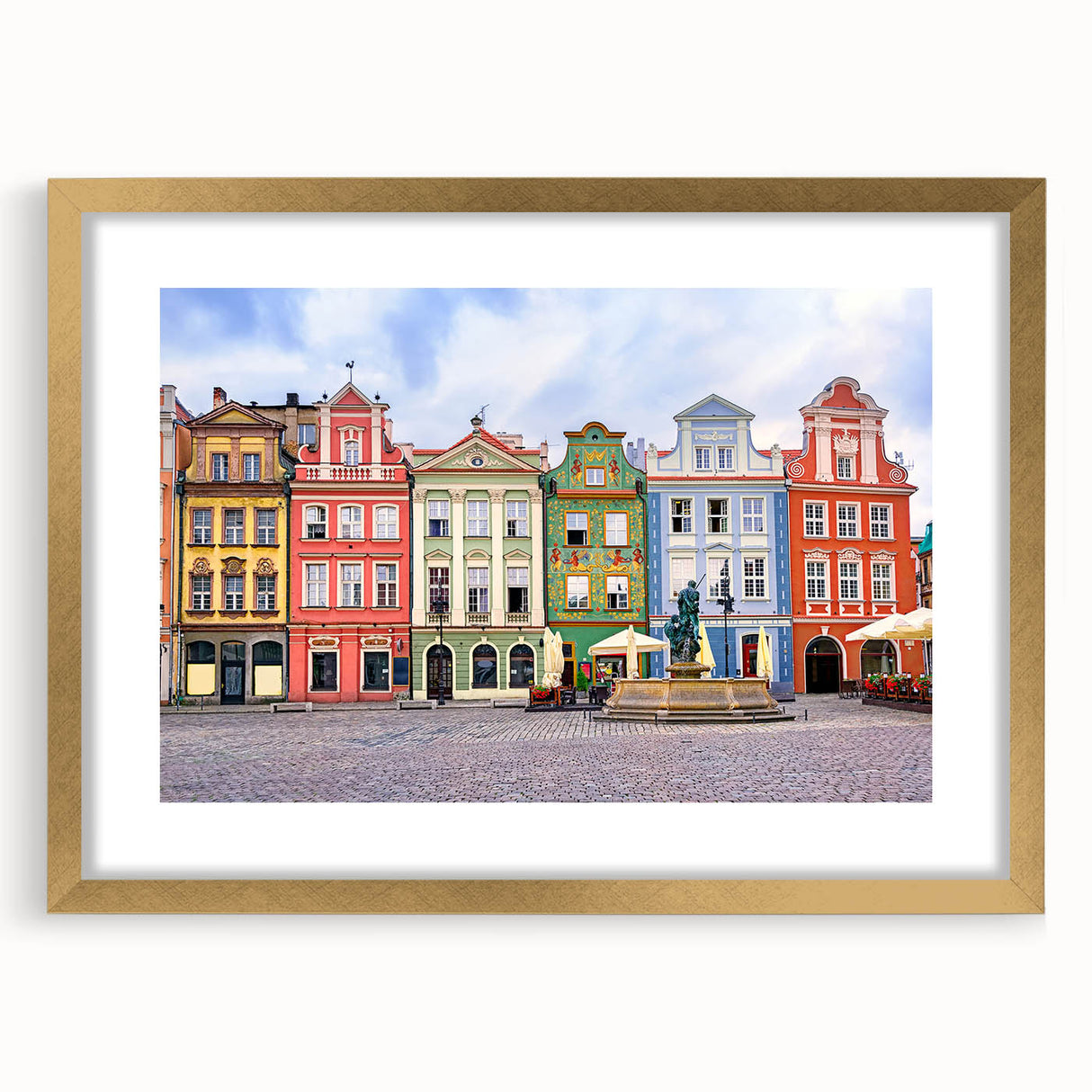 Abstract art print of a European scenery in muted earth tones, framed in gold, suitable for bedroom or dining room decor.
