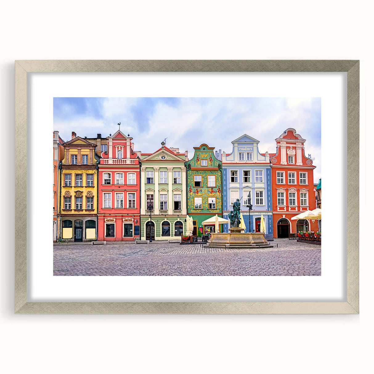 Extra large abstract art print of a European scenery in silver frame, ideal for living room decor.