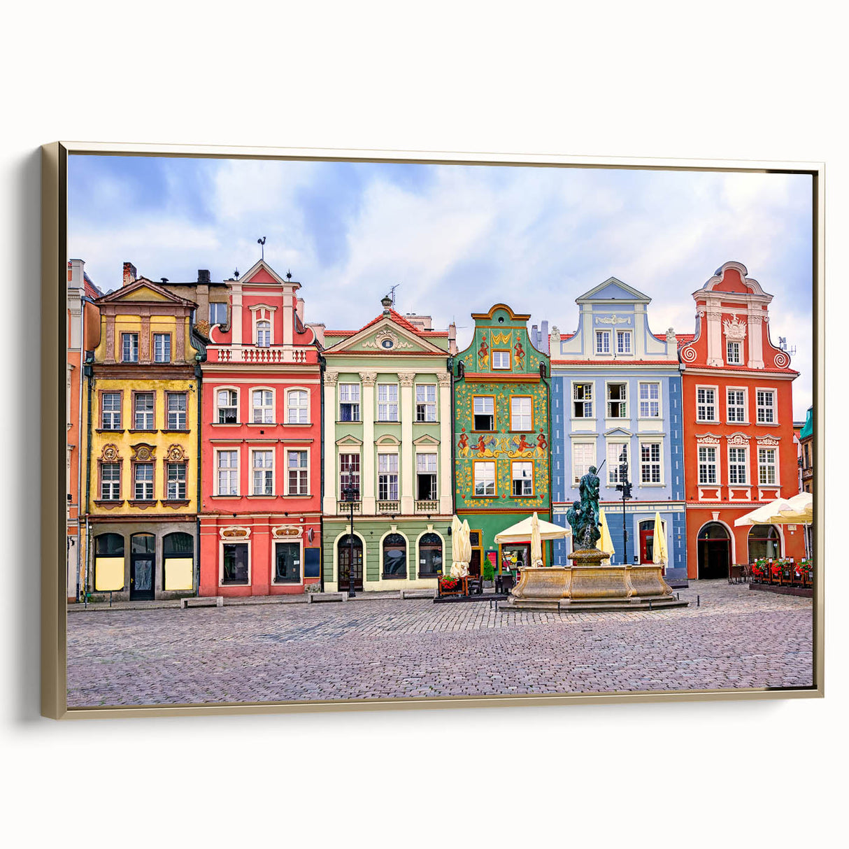 Framed canvas featuring a vintage-style landscape painting of a Polish scenery in muted gold and black tones.