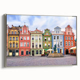 Landscape art painting of a scenic European town in vibrant colors on a framed canvas, suited for living room decor.