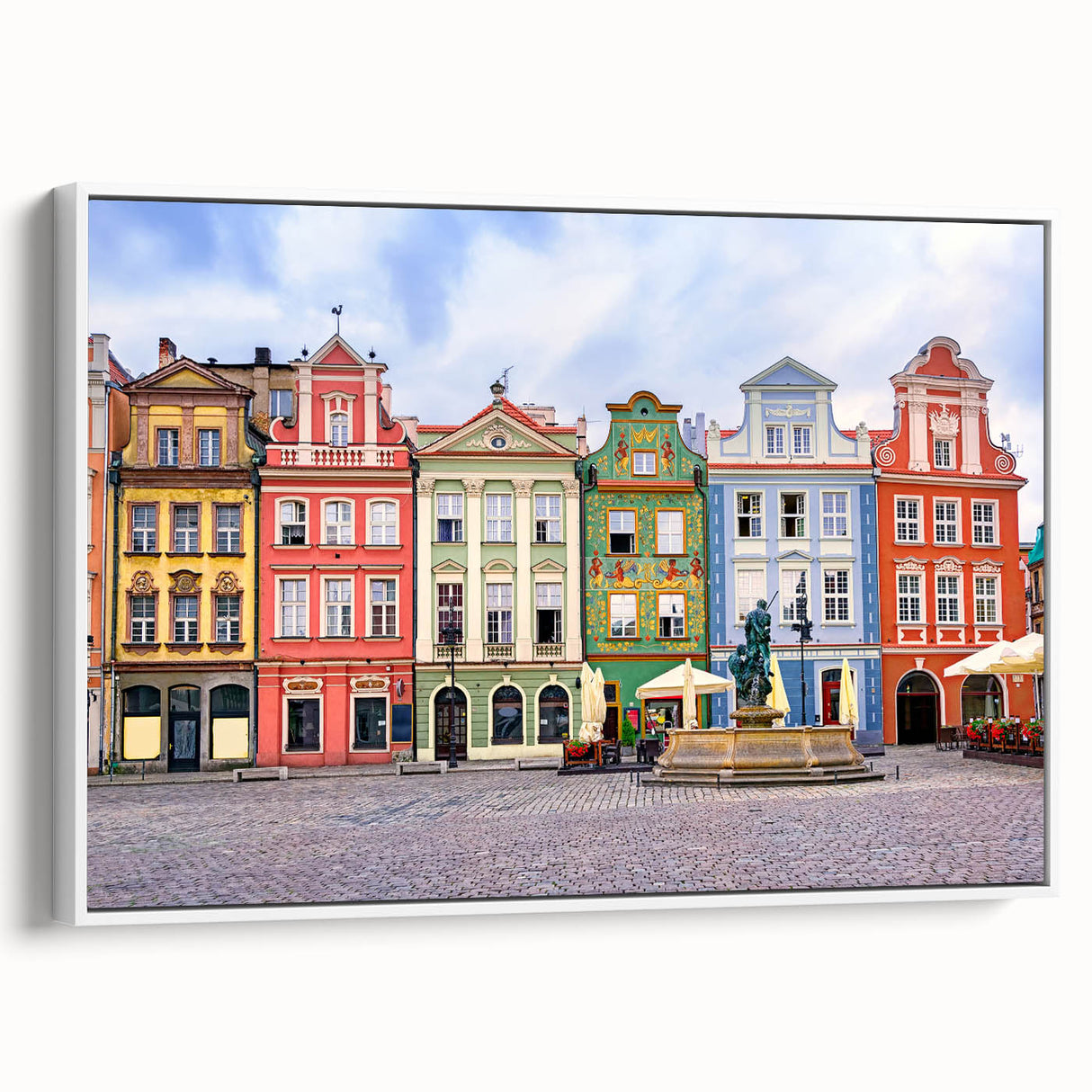 Vintage poster art of a scenic European landscape in vibrant colors on a framed canvas, ideal for living room decor.