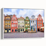 Vintage poster art of a scenic European landscape in vibrant colors on a framed canvas, ideal for living room decor.