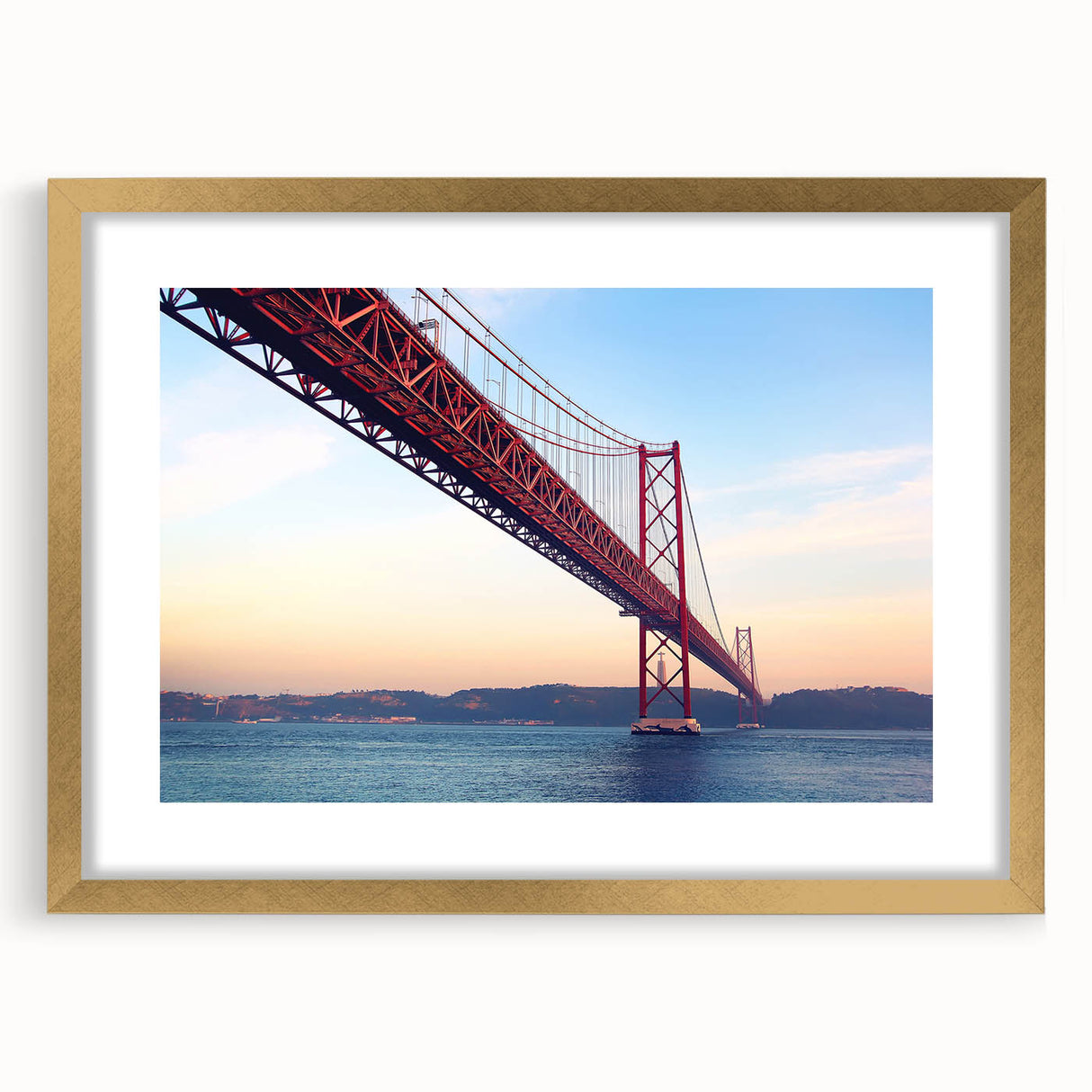 Abstract art print of Lisbon's cityscape in muted gold and blue tones, framed with a mat, suitable for dining room decor.