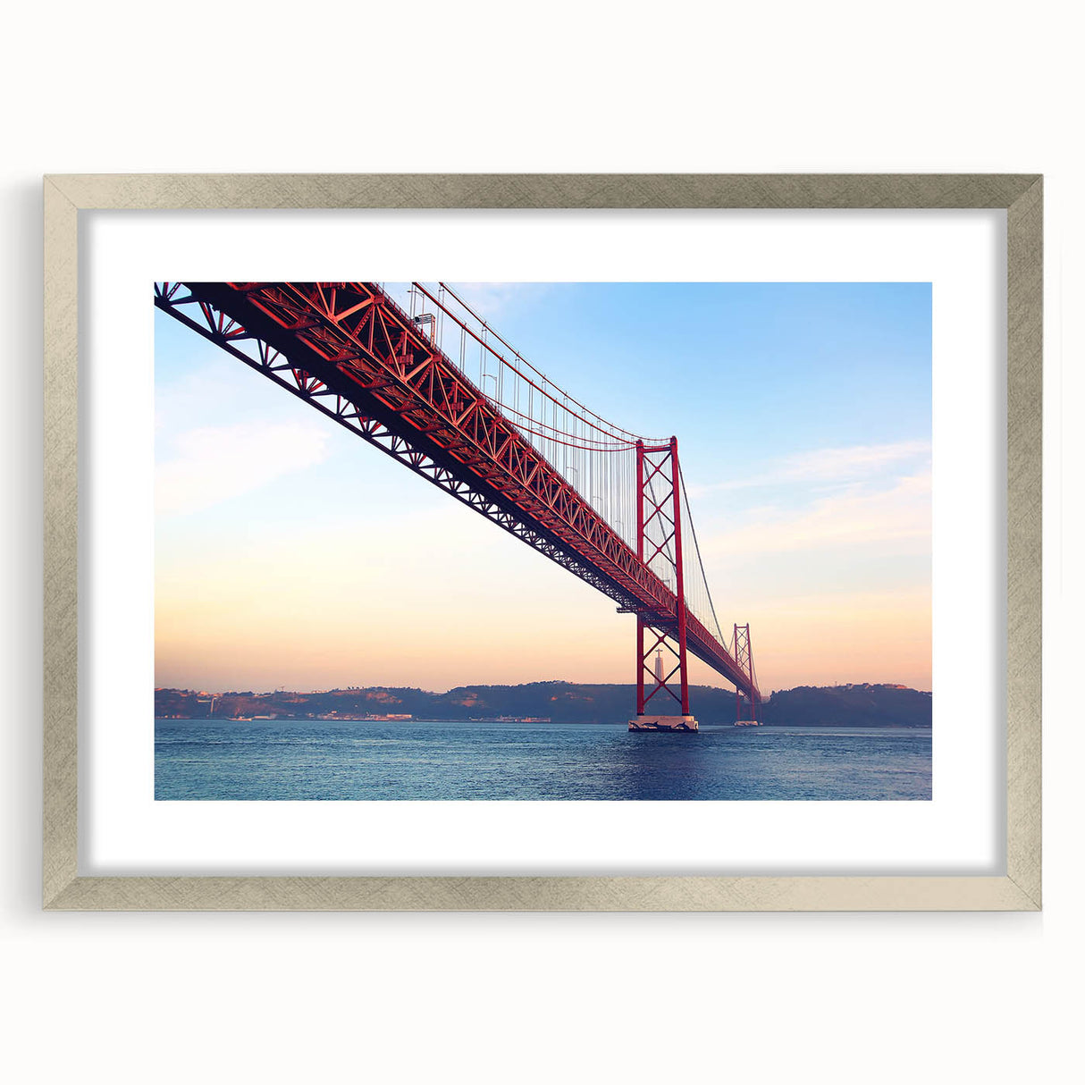 Extra large abstract art print of Lisbon scenery in textured style, utilizing gray and blue tones, framed in silver.