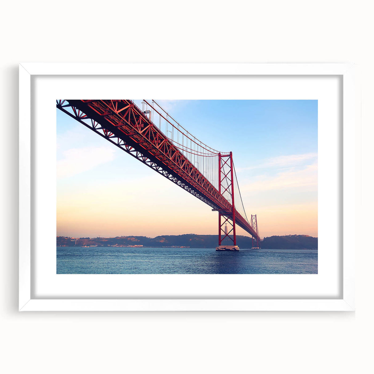 Textured abstract art print of Lisbon scenery in muted earth tones on a white framed canvas, ideal for bedroom art.