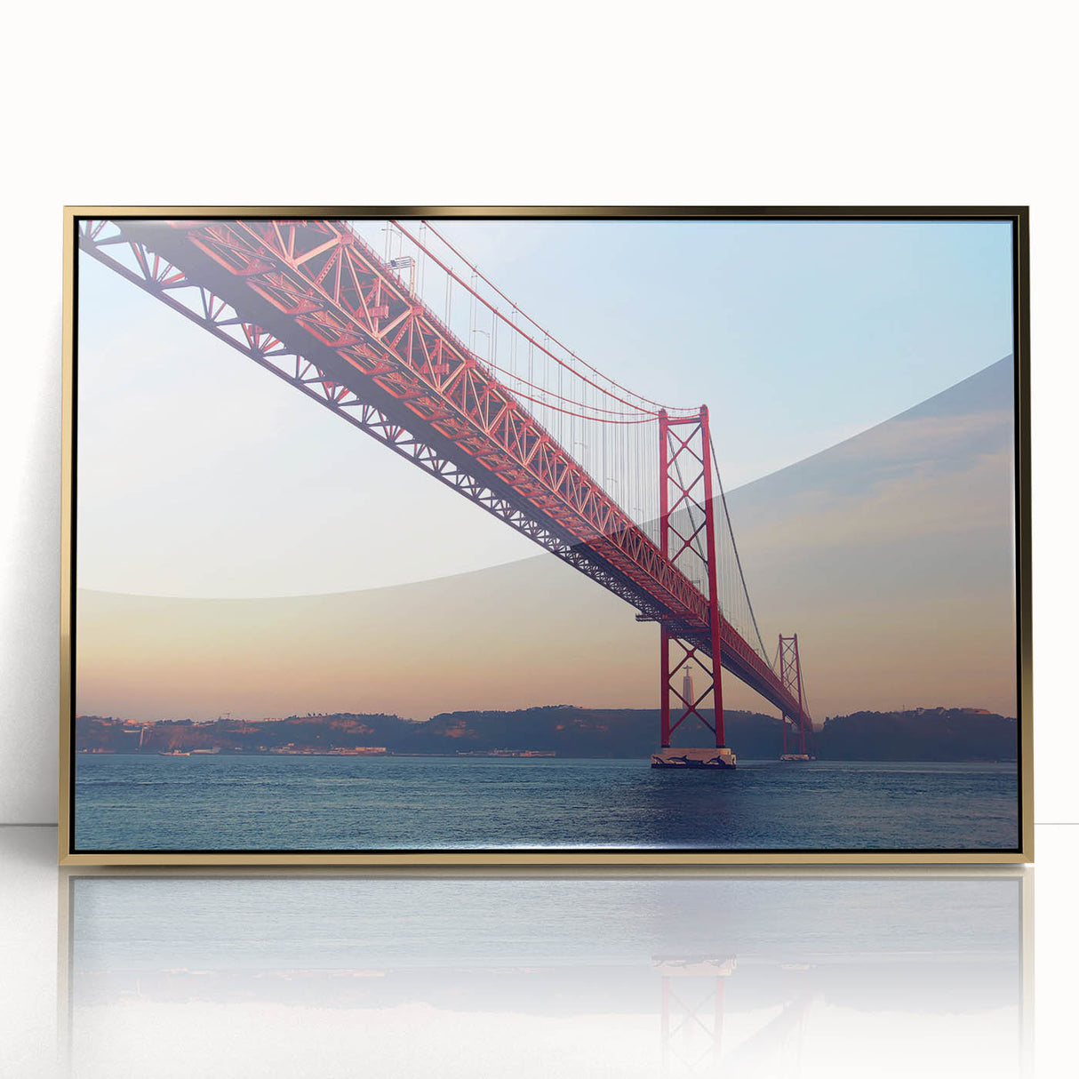 Art deco poster of Lisbon scenery with gold frame on acrylic, featuring soft pastel colors, ideal for modern art wall decor.