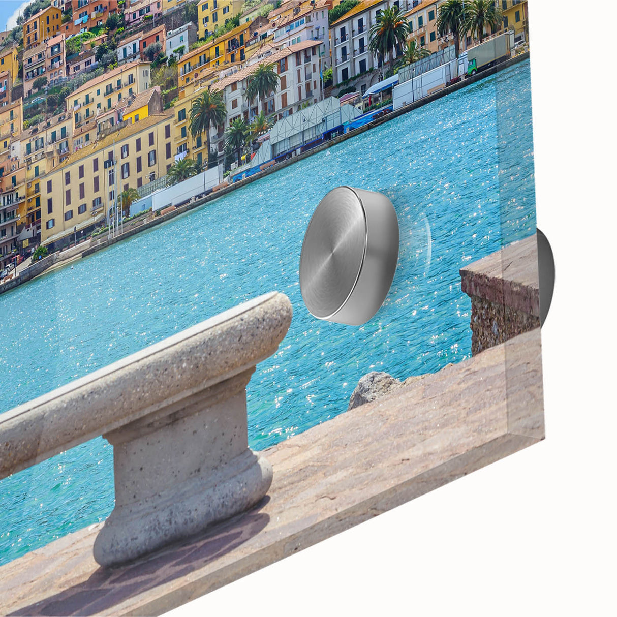 Acrylic print of a large abstract depiction of Porto, Portugal, in muted blue tones, ideal for dining room art.