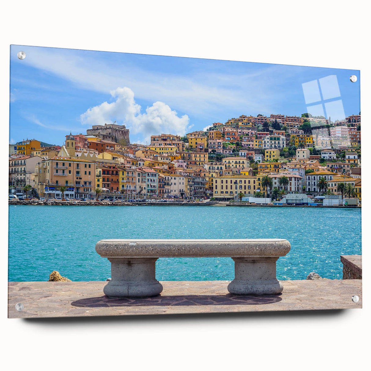 Acrylic print of Porto, Portugal scenery in muted blue and green tones, ideal for dining room decor.